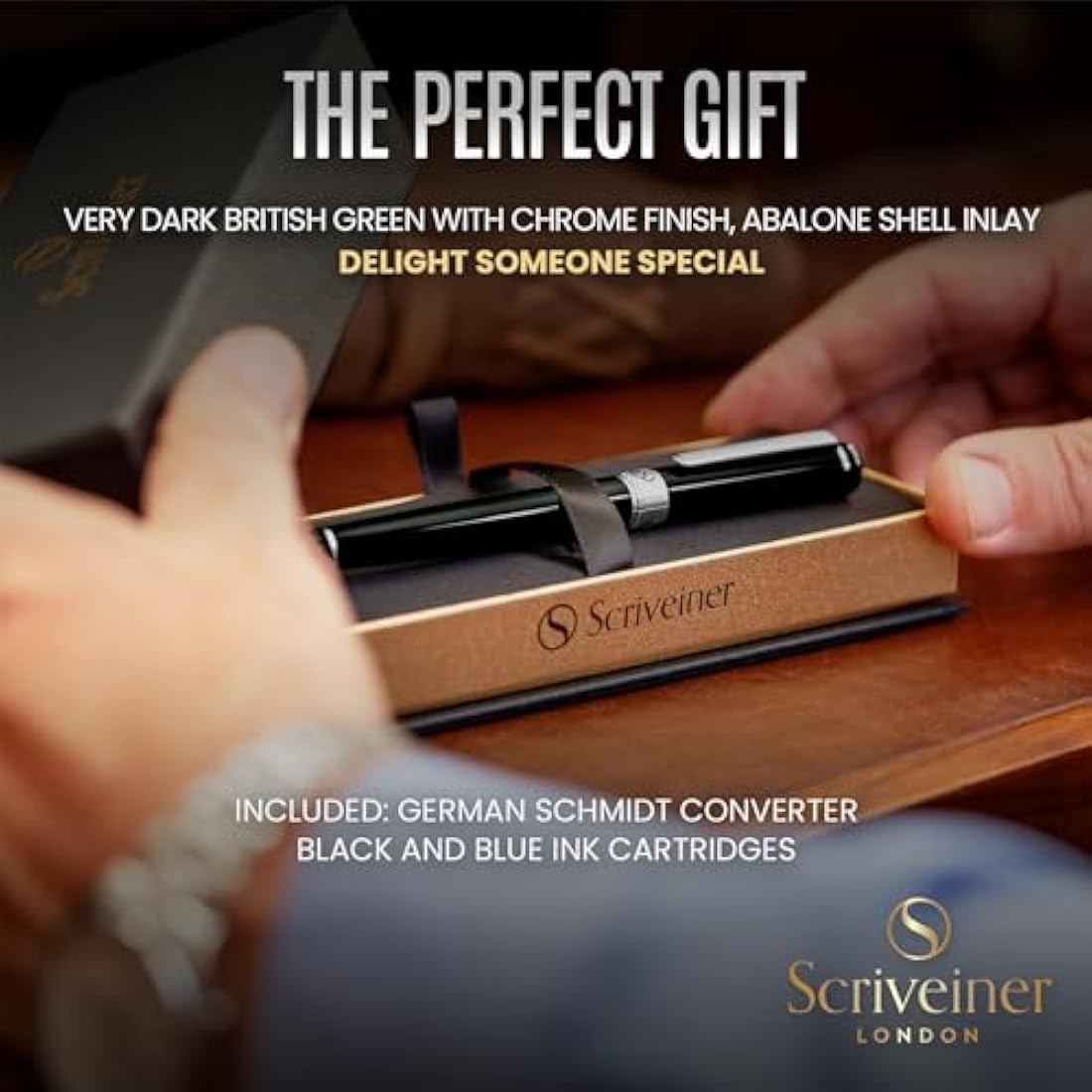 Scriveiner Black Green Fountain Pen - Stunning Luxury Pen with Chrome Finish, Schmidt Nib (Fine), Best Pen Gift Set for Men & Women, Professional, Executive, Office, Nice Pens