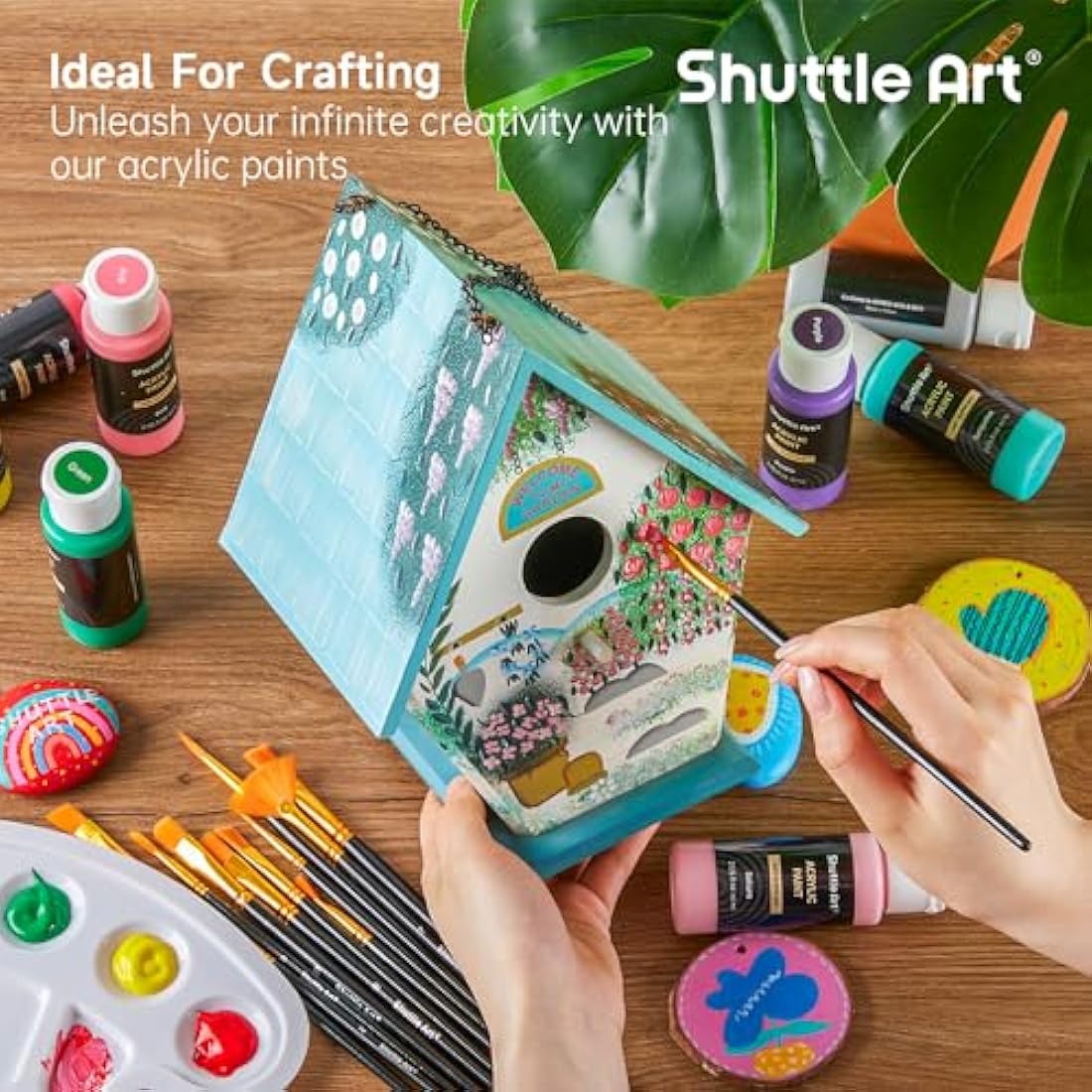 Shuttle Art Acrylic Paint Set, 36 Colours (60ml, 2oz) with 12 Brushes & 1 Palette, Craft painting, Rich Pigments,Non-Toxic for Artists,Beginners and Kids on Rocks, Crafts, Canvas,Wood, Fabric, Ceramic