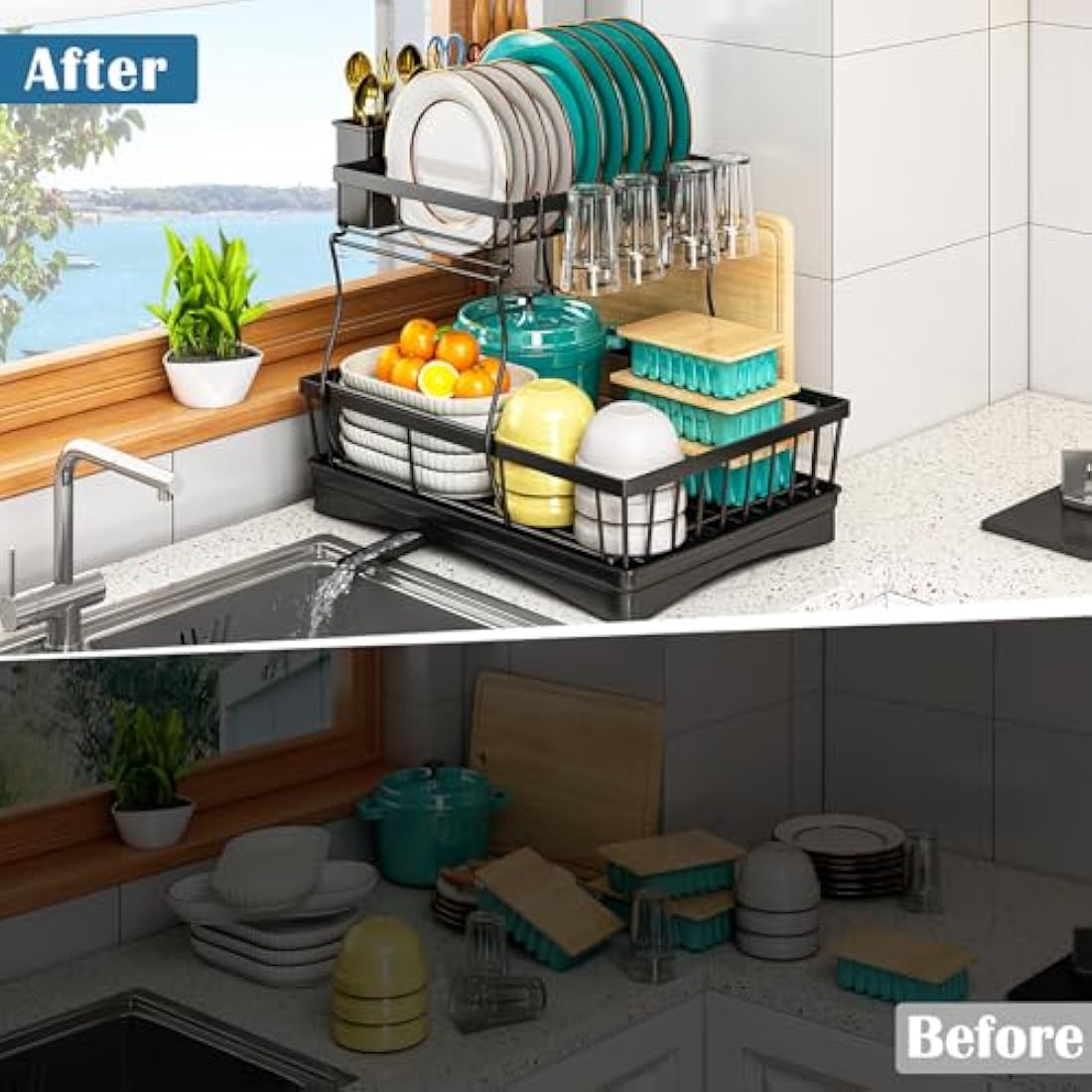 StowBin 2 Tier Dish Drainer Rack for Kitchen Counter - Space-Saving Dish Rack with Utensil Holder, Large Capacity Dish Drying Rack with Draining Board, Black