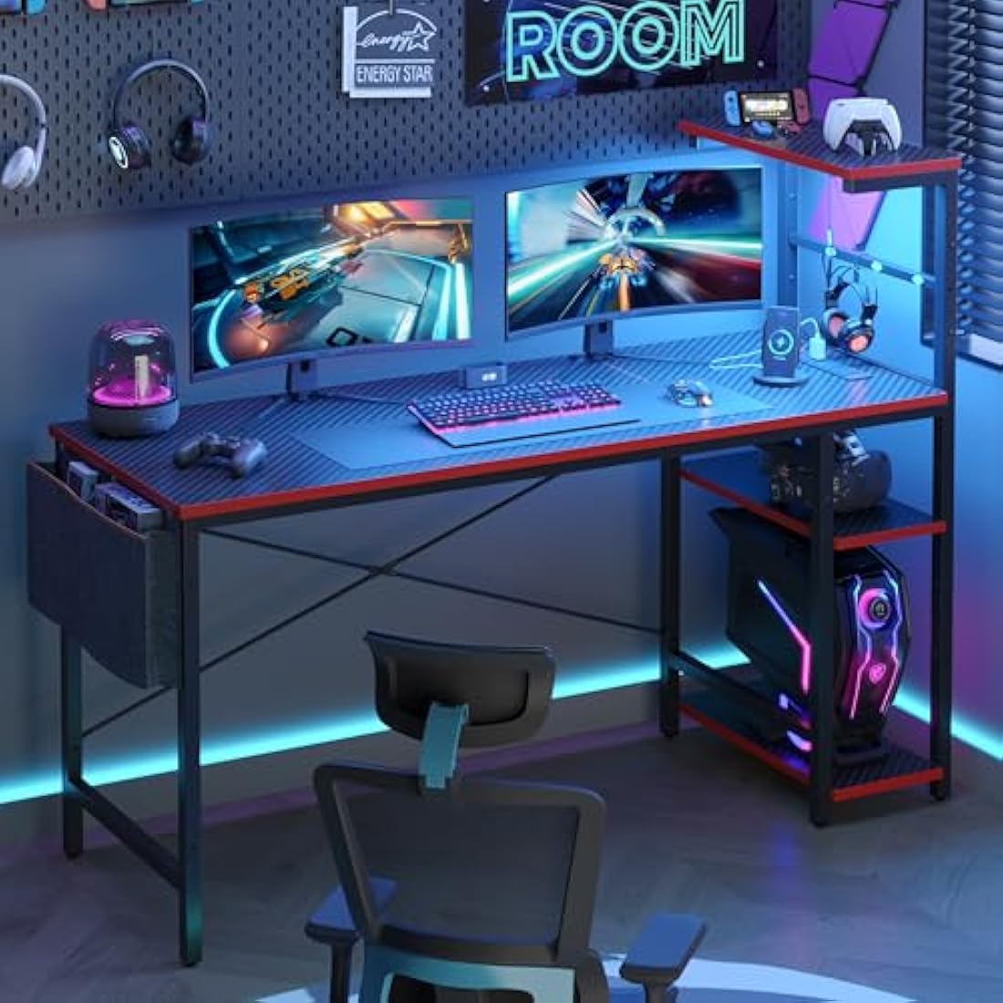 Bestier 155CM Corner Desk with Power Outlets Large Computer Desk with LED Lights Reversible Writing Table with Side Pocket Storage Bag & Accessories Hanger for Home Office