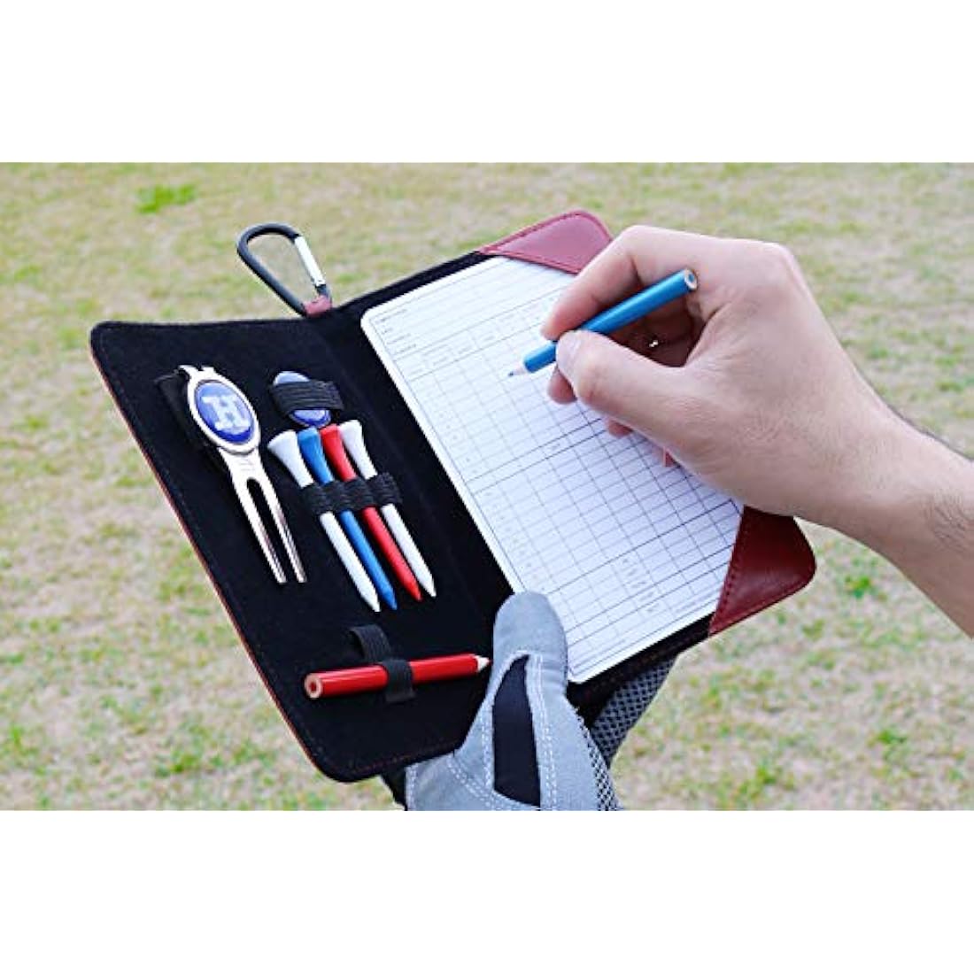 Handy Picks Golf Scorecard Holder n Yardage Book Cover - Divot Repair Tool, Ball Marker, Golf Tees, Scorer, Pencil n Scorecards Included - Gift for Golfers