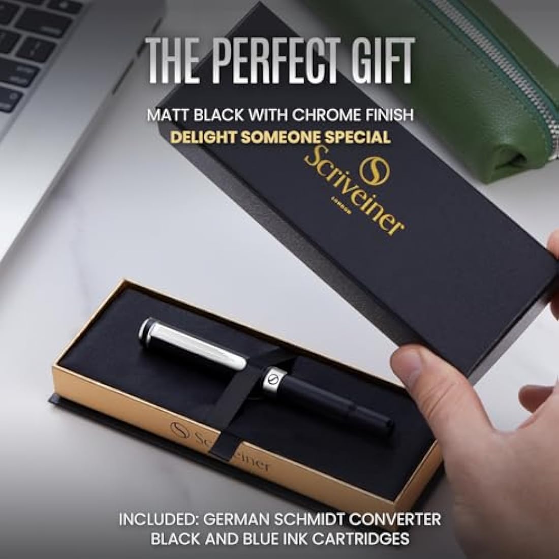 Scriveiner Luxury EDC Fountain Pen (Medium), Stunning Matt Black with Chrome Finish Pocket Pen with Genuine Schmidt Nib, Includes Converter and Spare Cartridges, Best Writing Gift Set for Men & Women