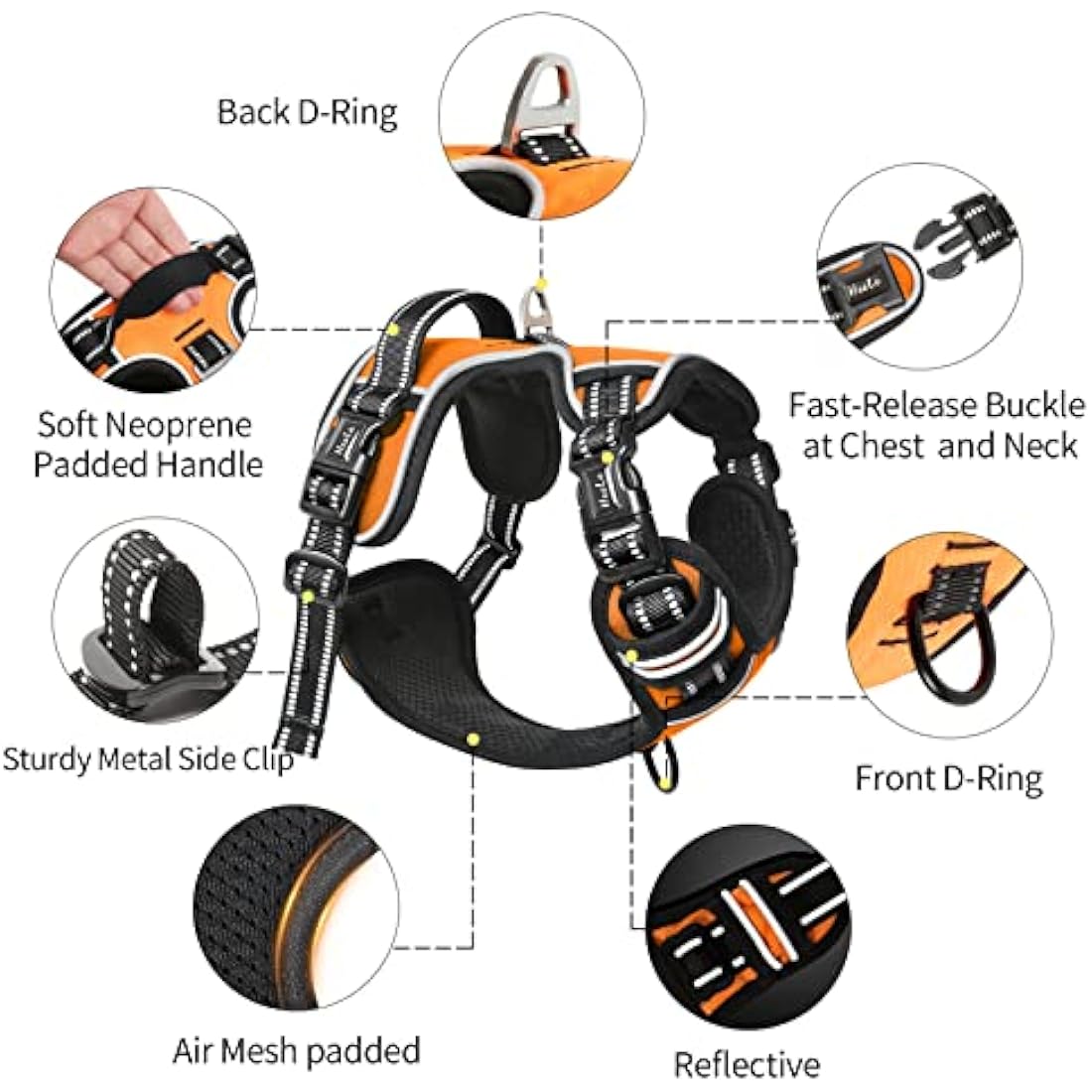 HEELE Dog Harness, No Pull Dog Harness Large, Release on Neck, Reflective Adjustable Dog Harness with Front Back 2 Leash Attachments and Soft Padded Control Handle for Dogs Walking Training, Orange, L