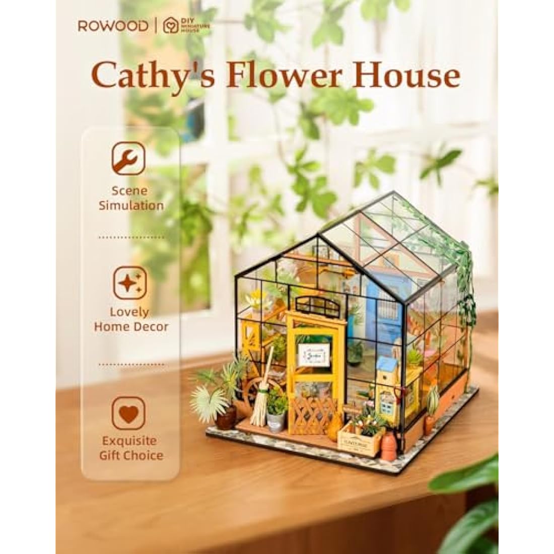 ROWOOD Doll House Kit Greenhouse, DIY Miniature Room with LED light, Wooden Model Building Kit for Adults, Cathy's Flower House for Christmas