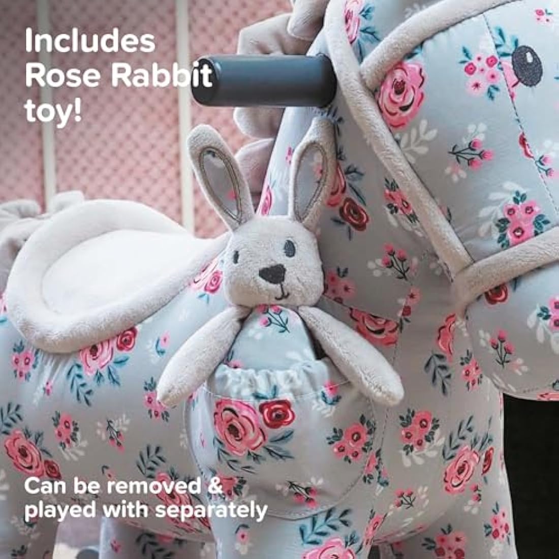 Little Bird Told Me - Lily & Rose Rocking Horse for Toddler 12+ Months Unisex - Grey & Pink Floral Printed Fabric, Solid Wooden Frame & Rockers, Removable Plush Toy - British Brand Since 2007