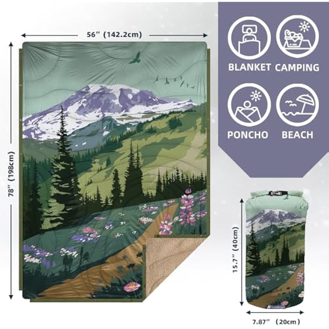 KawaGebo Kamp Outdoor Camping Blanket with Sherpa Lining, Camping Blanket Packable & Puffy Ultralight Soft Poncho DWR Camping Quilt for Cold Weather, Adventure, Sleeping, Backpacking 200x145cm