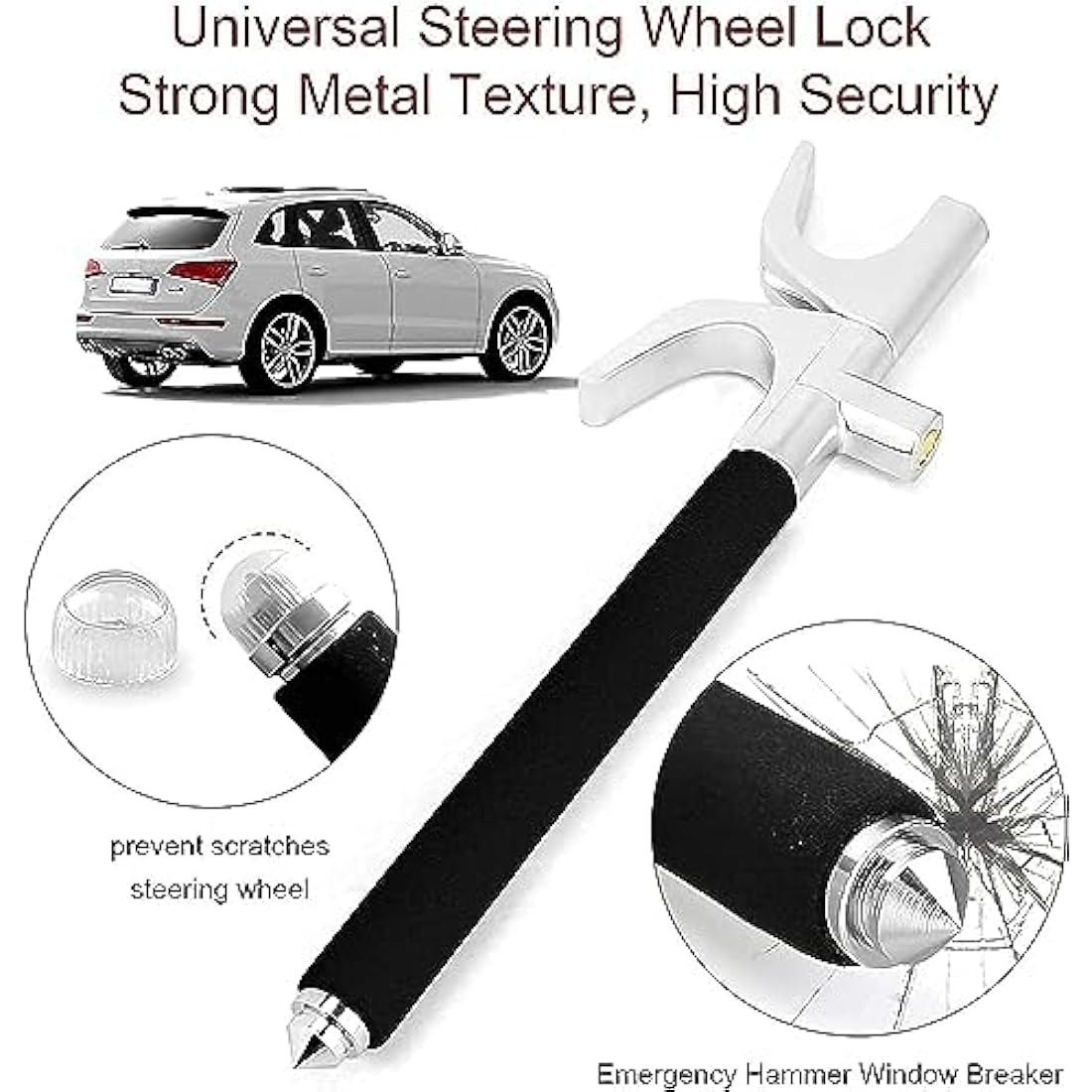 Car Steering Wheel Lock, The Anti Theft Device for Cars, Universal Car Steering Wheel Lock, Adjustable Vehicle Anti-Theft Lock with 3 Keys and Safety Hammer Function