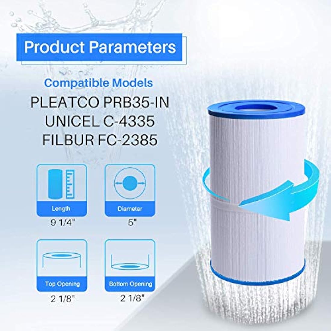POOLPURE 2 x Spa Filter Replacement for Pleatco PRB35-IN, Unicel C-4335, Guardian 409-219, Filbur FC-2385, 03FIL1300, 17-2482, 25393, 303557, 817-3501, R173431, 35 sq.ft, 5 X 9 Drop in Hot Tub Filter