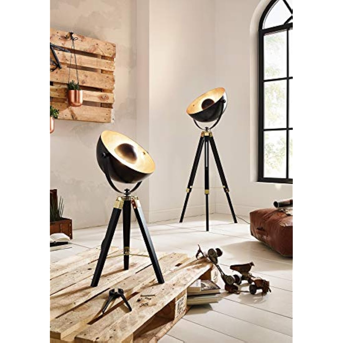 Eglo Covaleda 1-Flame Industrial and Vintage Floor lamp, Made of Wood and Steel with Brass, Black and Gold Colours Standing Light, incl. Switch, E27 Socket