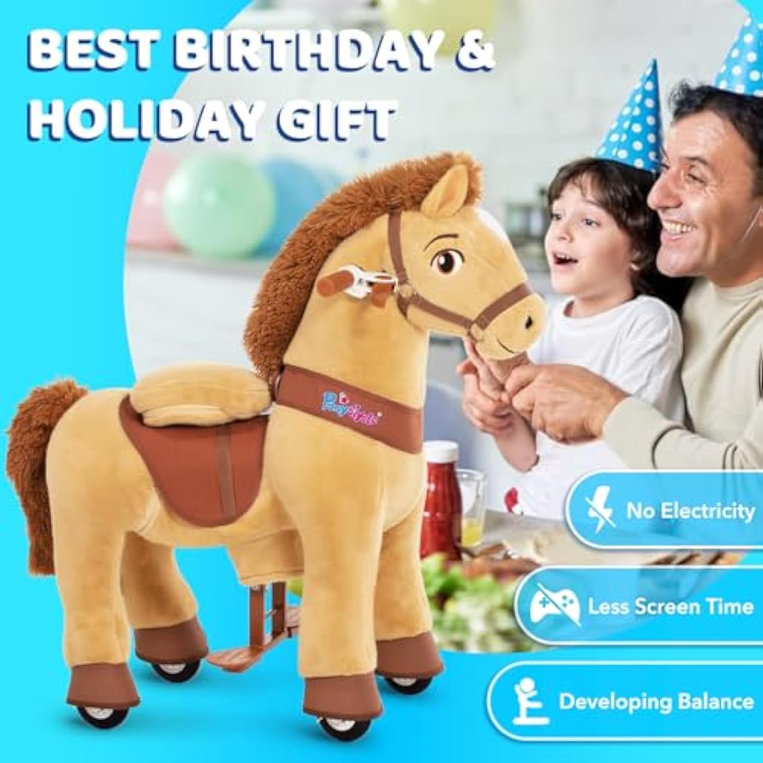 PonyCycle Essential Model E Pony Ride-on Toy Toddler Rocking Horse with Brake (Light Brown/Size 3 for Age 3-4) Mechanical Riding Toy Kids Gift - E336