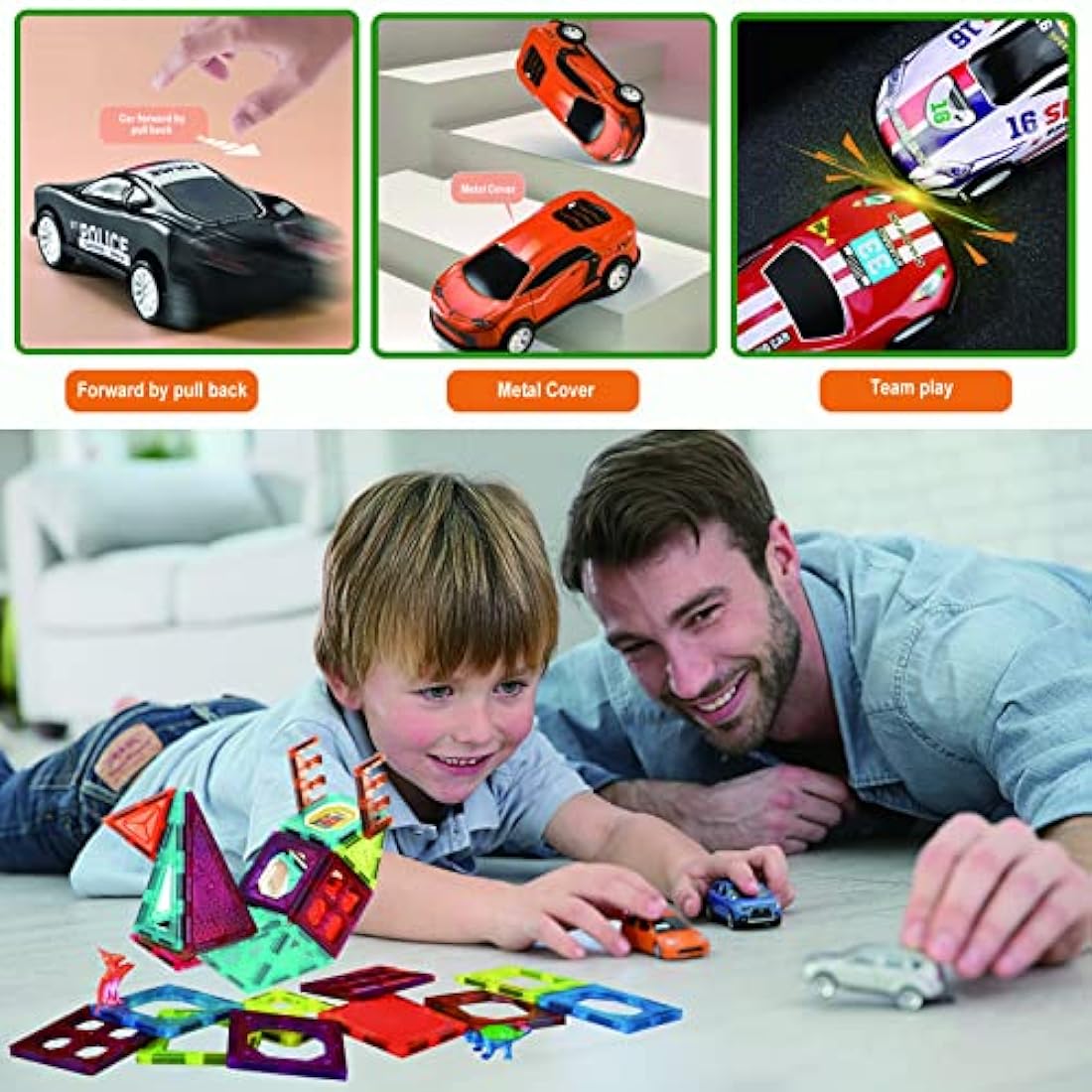 Magnetic Tiles Building Block with 10 Metal Cars for Kids Construction STEM Toy Preschool Creativity Learning Toys Christmas Birthday Gift for Girls Boys Toddlers 3 4 5 6 7 8 Years Old