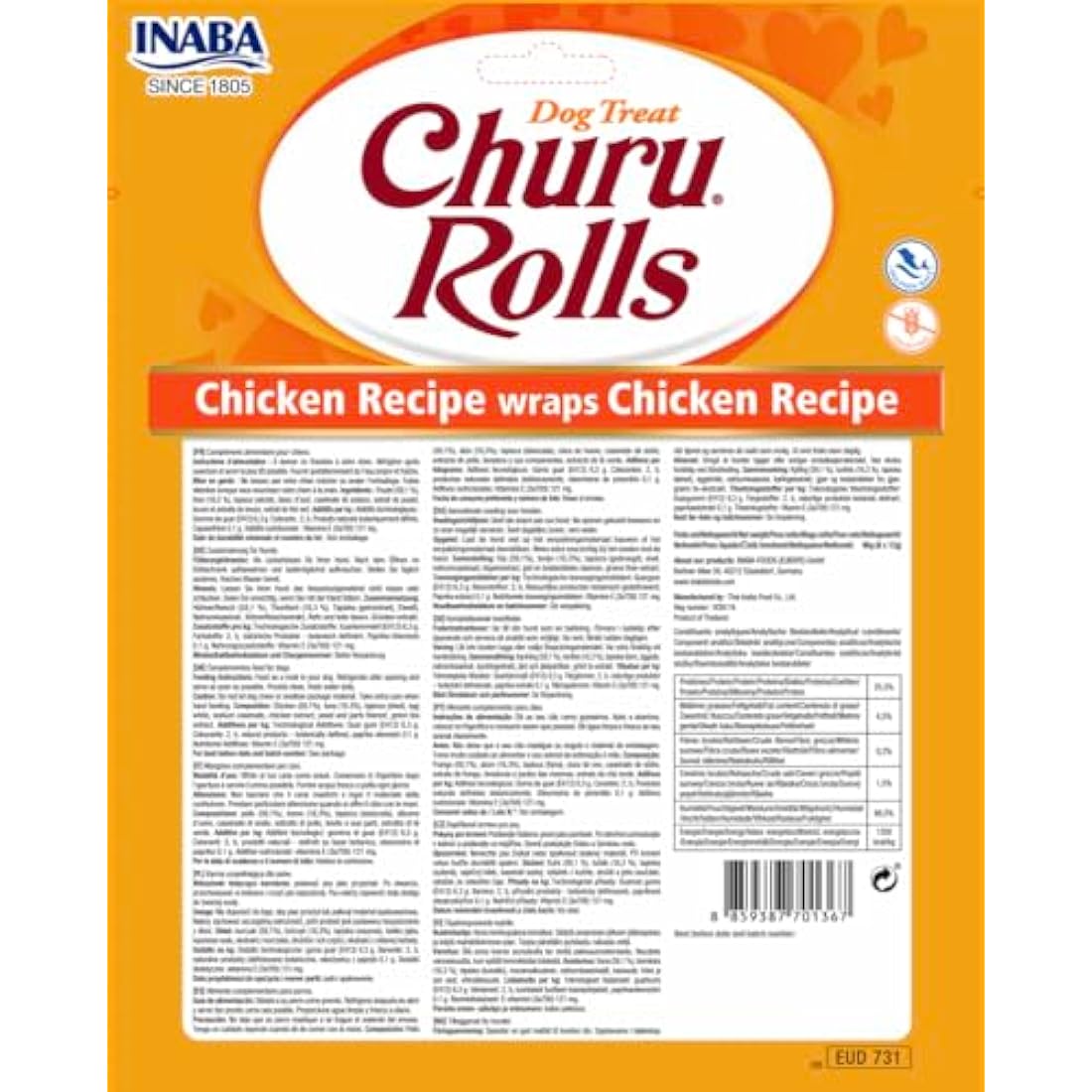 Churu Bites by INABA Dog Treat - Chicken Flavour 8 Pack (64 x 12g total) / Crispy Pouches with Creamy Filling Dog Treat, Delicious & Healthy Snack for Dogs, Training Treat, Natural, Grain Free