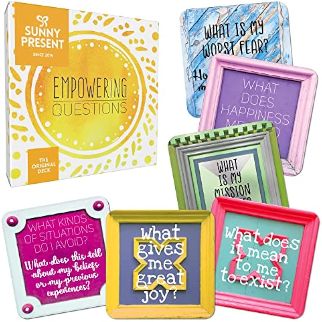 Sunny Present Empowering Questions Cards - 52 Self Care Cards for self-reflection, journaling, meditation and therapy