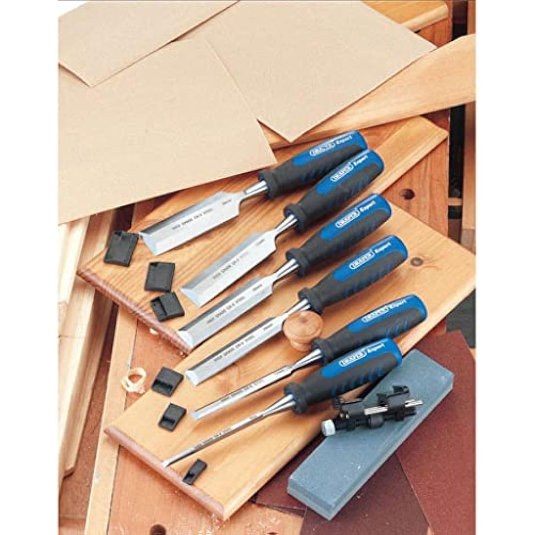 Draper Expert 140mm 8 Piece Wood Chisel Set | Woodworking Hand Tools | Aluminium Oxide Sharpening Stone | 6 to 38mm Blades Carving Tool |Impact Resistant Soft Grip |Honing Guide| 88605