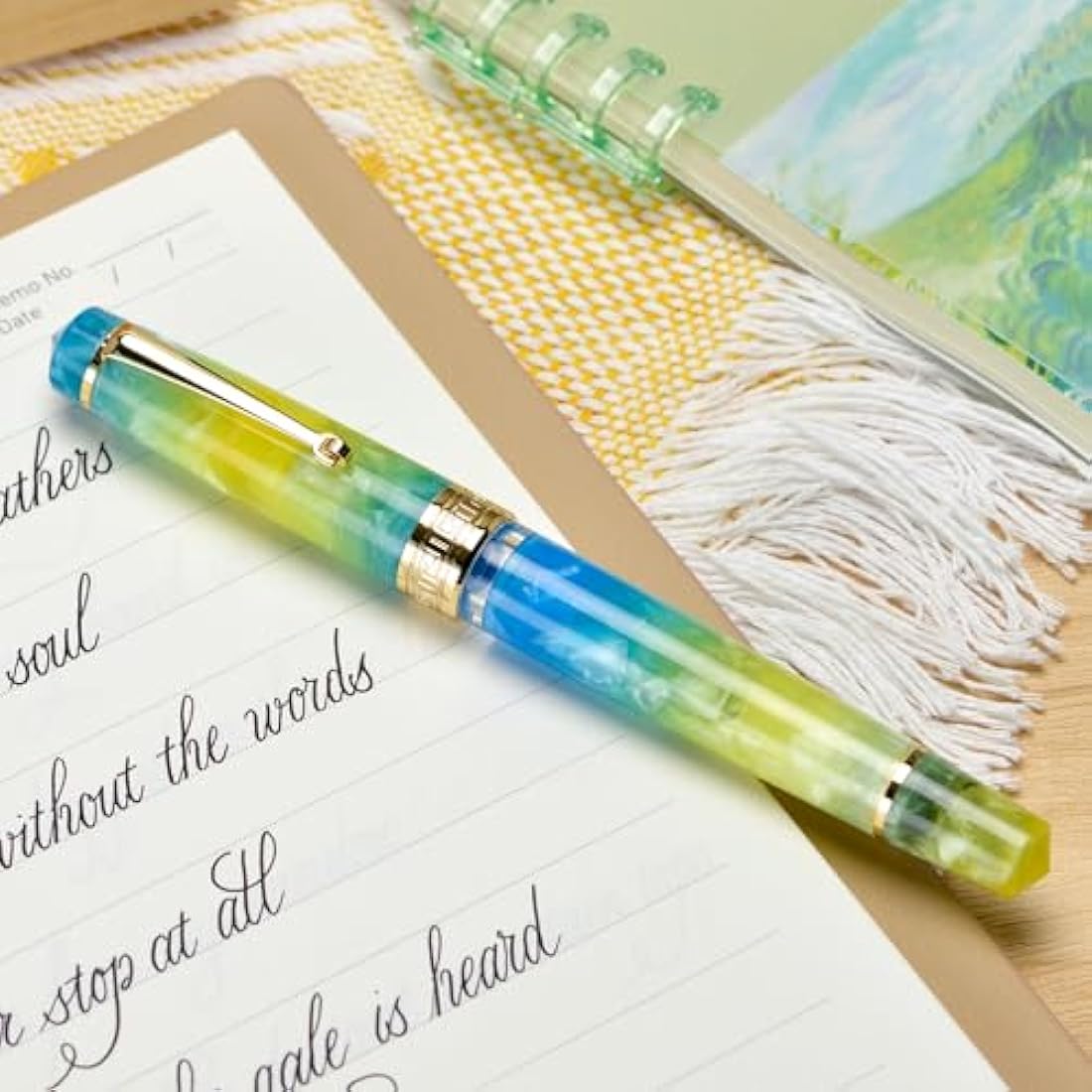 Asvine P20 Gradual Yellow Piston Fountain Pen, Iridium Fine Nib Gold Trim Smooth Writer Collection Resin Pen with Case Set