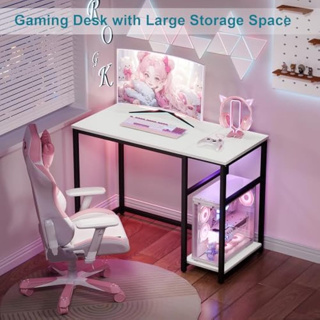 WOHOMO Computer Desk 120cm with 2-Tier Shelves Sturdy Home Office Desk with Large Storage Space Modern Gaming Desk Study Writing Laptop Table, White Desk