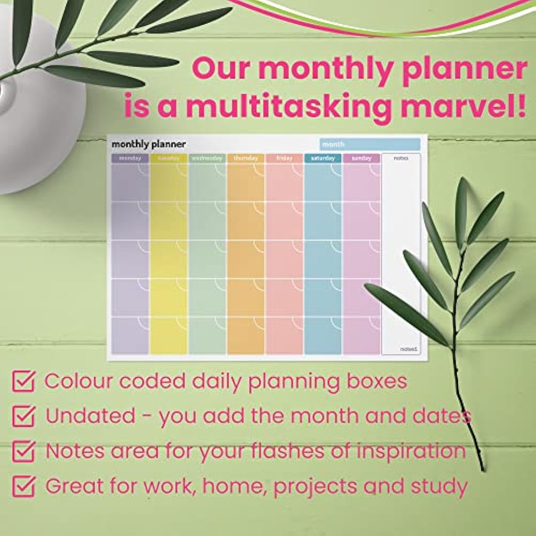 Monthly Planner Pad – A4 Undated Calendar and Scheduler – 52 Journal Sheets with Colour Coded Days and Notes area. For work home and study revision – 100gsm paper (Single Pack)