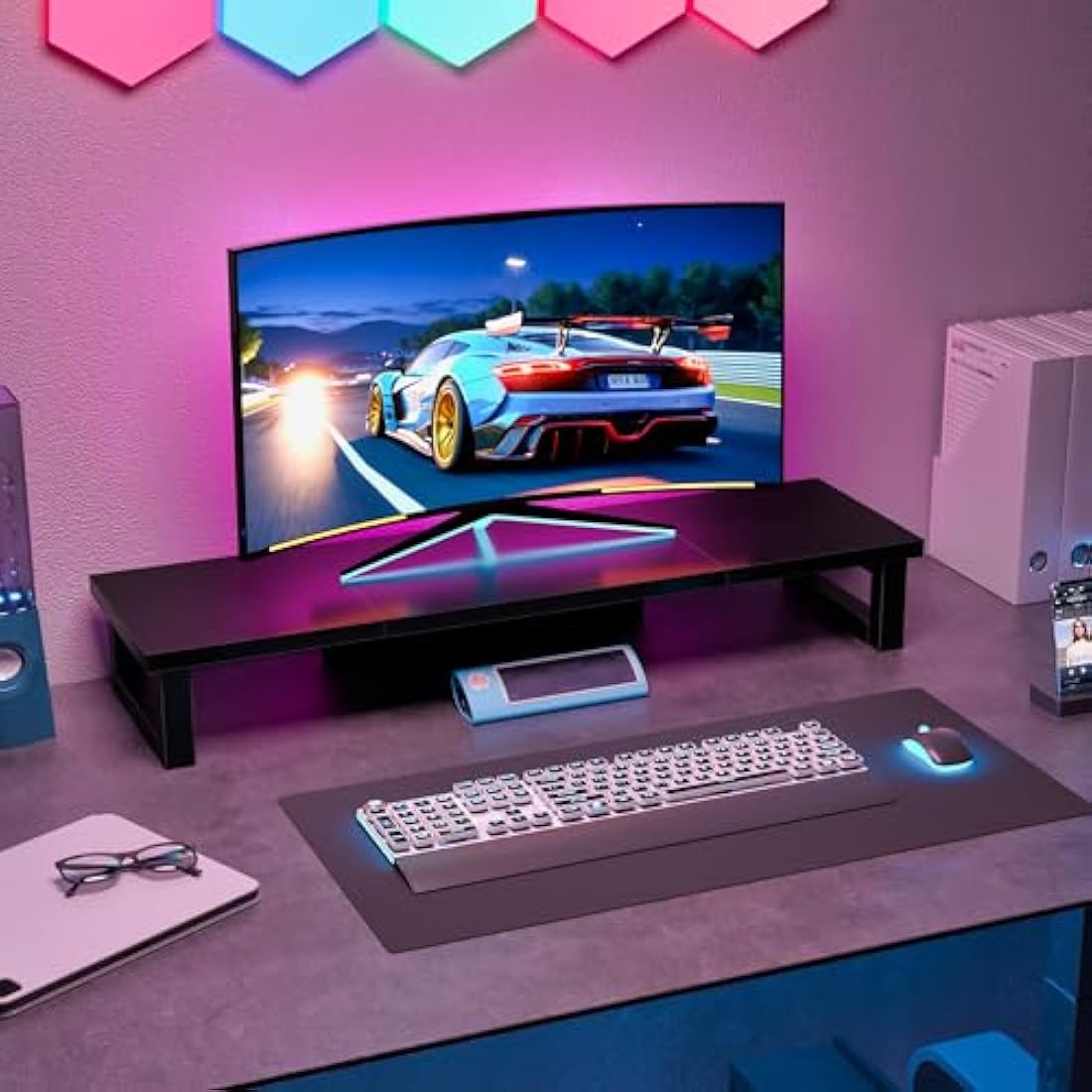 OYRREU Dual Monitor Stand, 91x26cm Desks Shelf, Double Monitor Riser for Laptop PC Computer Screen Monitor Stand Desktop Organiser for Working, Black