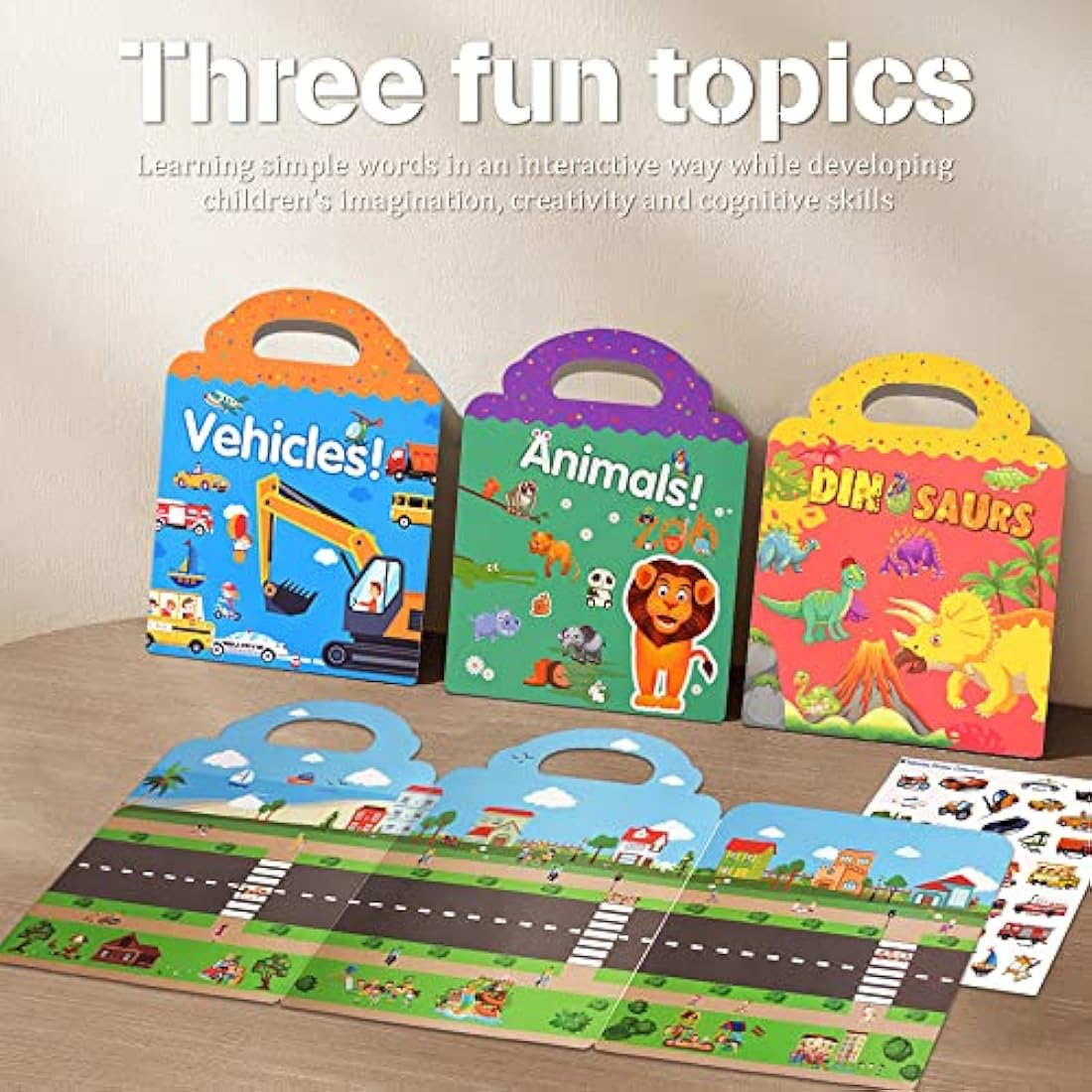Surcotto Sticker Books for Children, Reusable Sticker Book for 2 3 4 Year Old Kids Boys Girls Toddlers, 3 Sets Reusable Stickers, Car Animal Dinosaur Stickers, Educational Learning Toy Travel Toys