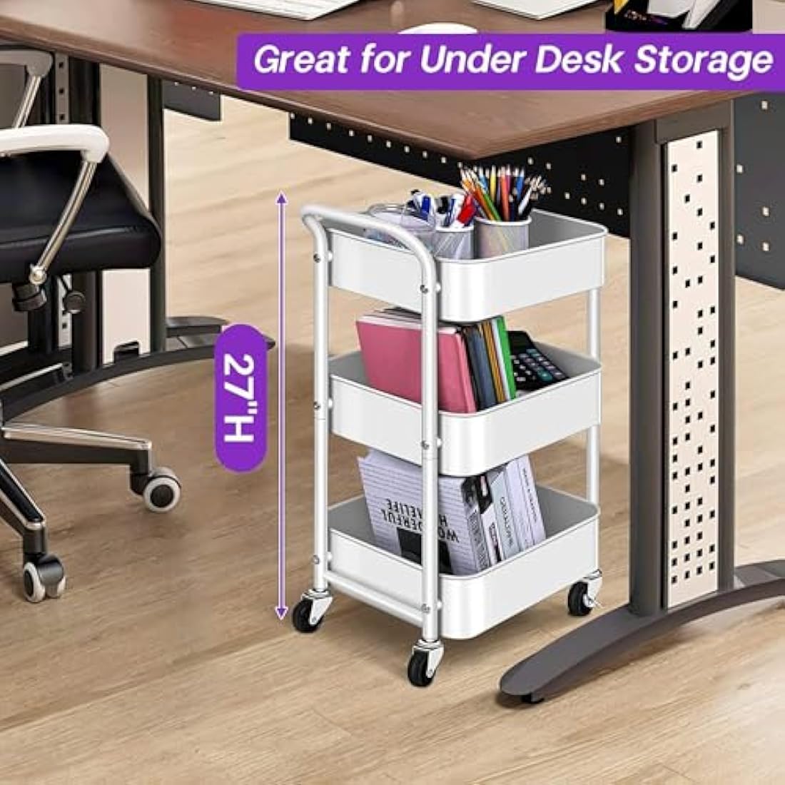 MISSLO Utility Cart 3 Tier Rolling Cart with Wheels and Handle, Under Desk 27" Height Small Metal Storage Trolley Organizer Rack Shelf, Mobile Book Art Cart for Office, Kitchen, Bathroom (White)