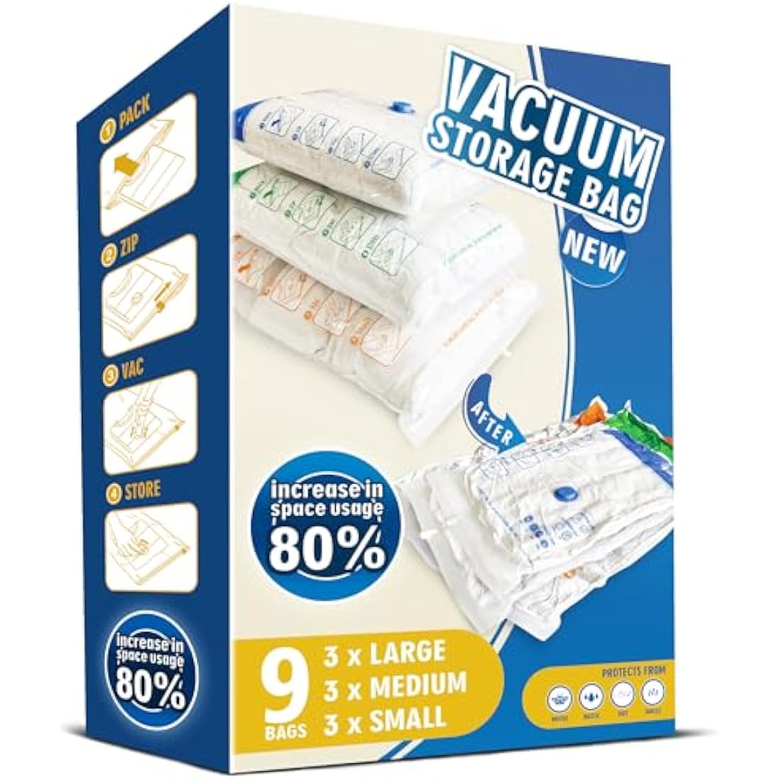 Storage Master Space Saver Bags for Travel and Home Reusable Vacuum Storage Bags Save 80% More Storage Space Work with Vacuum Cleaner (9 Combo, No Pump Included)