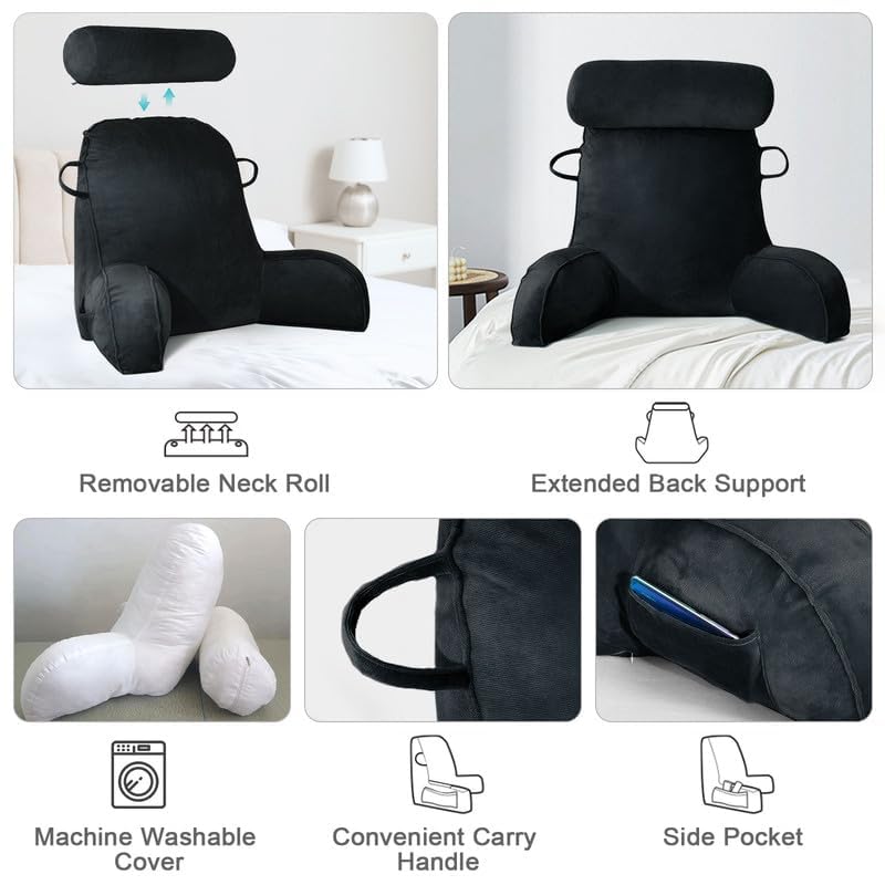 Mingfuxin Reading Pillows for Bed Sofa, Bed Backrest Pillows with Neck Arm Back Support Pillow, Adult Back Reading Cushion with Detachable Neck Roll &