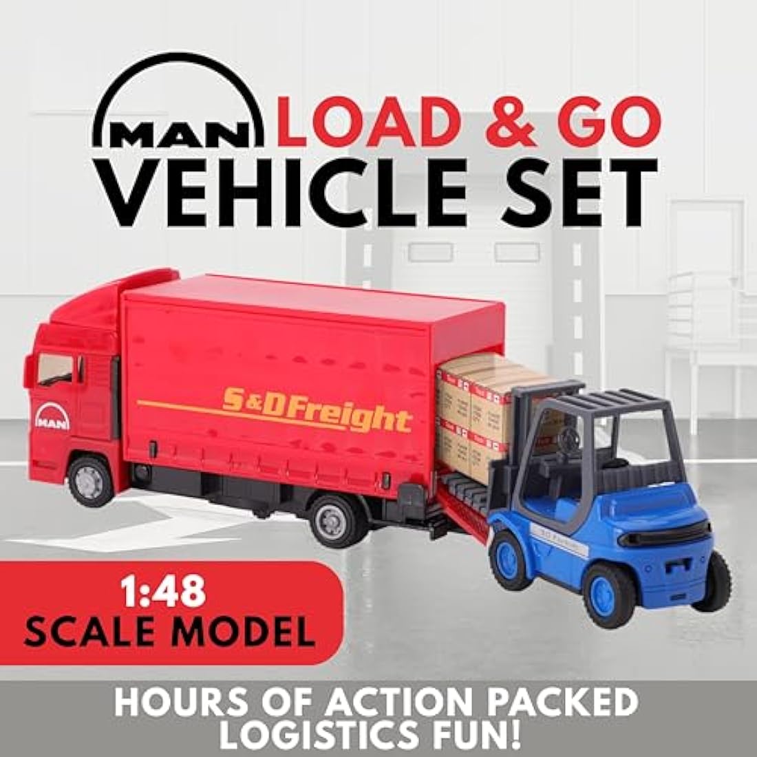 Toyland®- 15cm(6") Red MAN Freight Truck And Forklift - Transport Goods -Load And Go - 1:48 Scale - Kids Toy
