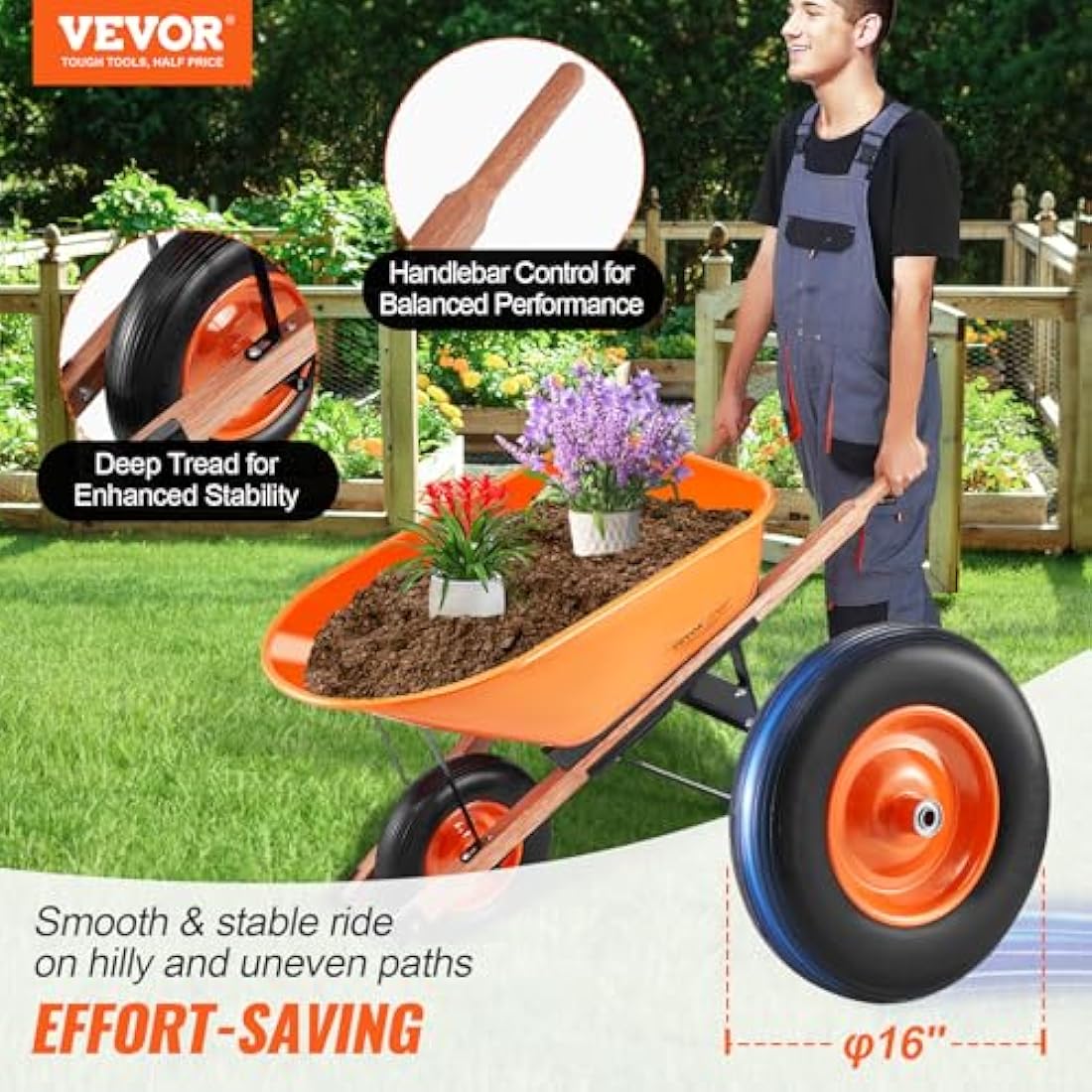 VEVOR Wheelbarrow, 6 Cu. Ft 330 lbs Capacity, One Garden Dump Barrow with Metal Handle & 16" Wide Track Wheels, Easy Loading Utility Yard Cart & Wagons for Lawn Farm, Orange+Black