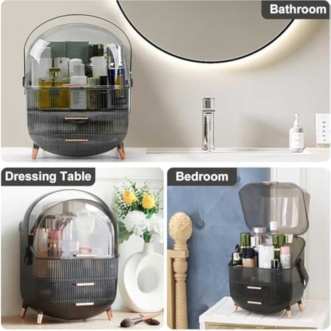 SIOOUI Makeup Organizer, 3 Layers Large Capacity Cosmetic Storage, Cosmetic Display Case with 2 Storage Drawers, Cosmetic Organizer for Bathroom Counter, Vanity Countertop, Bedroom, Desk (Clear Gray)