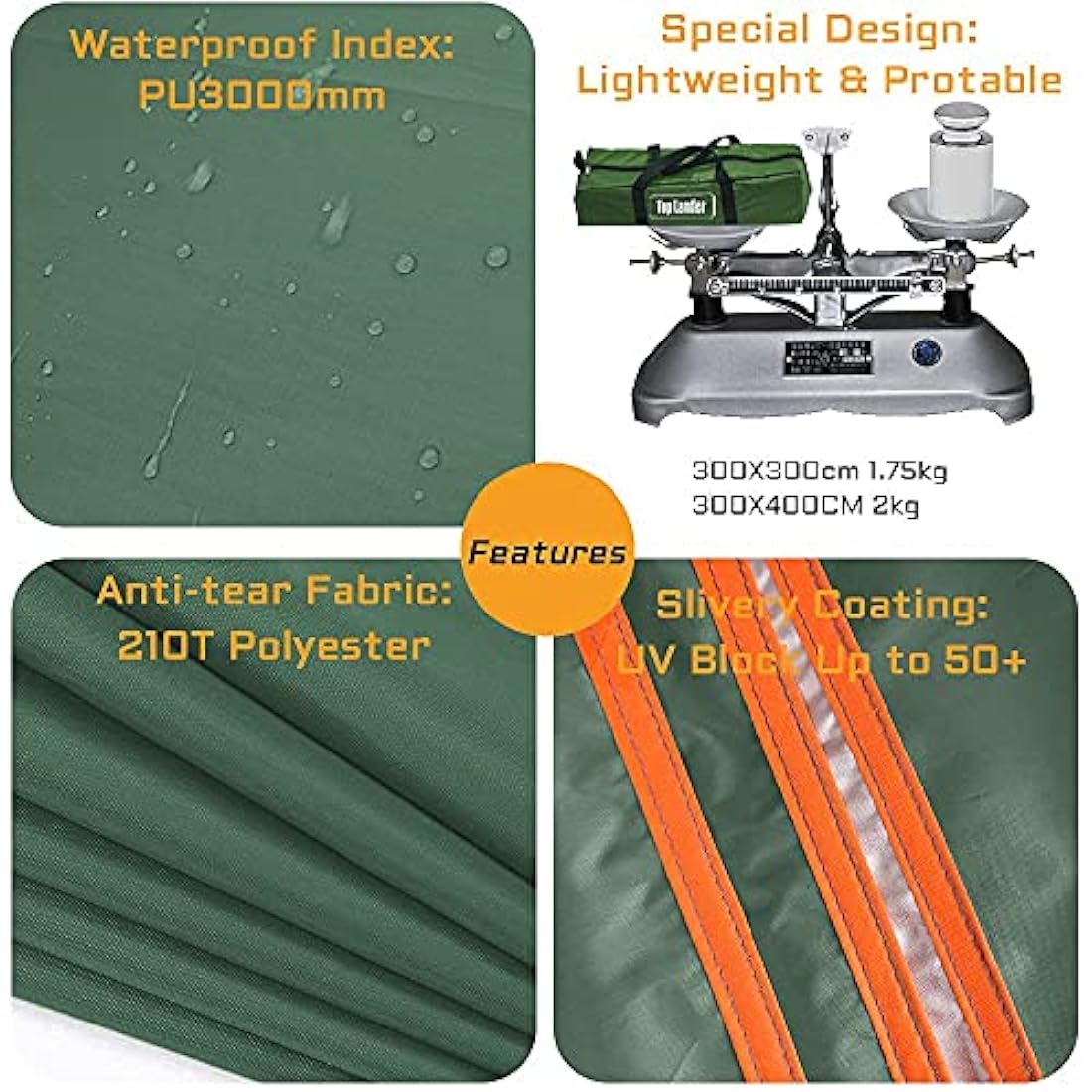 Large Waterproof Camping Tent Tarp with Aluminum Awning Poles Ultralight Rain Shelter Canopy Mutifunctional Bivvy Accessories for Fishing Beach Hiking Outdoor Backpacking Hammock