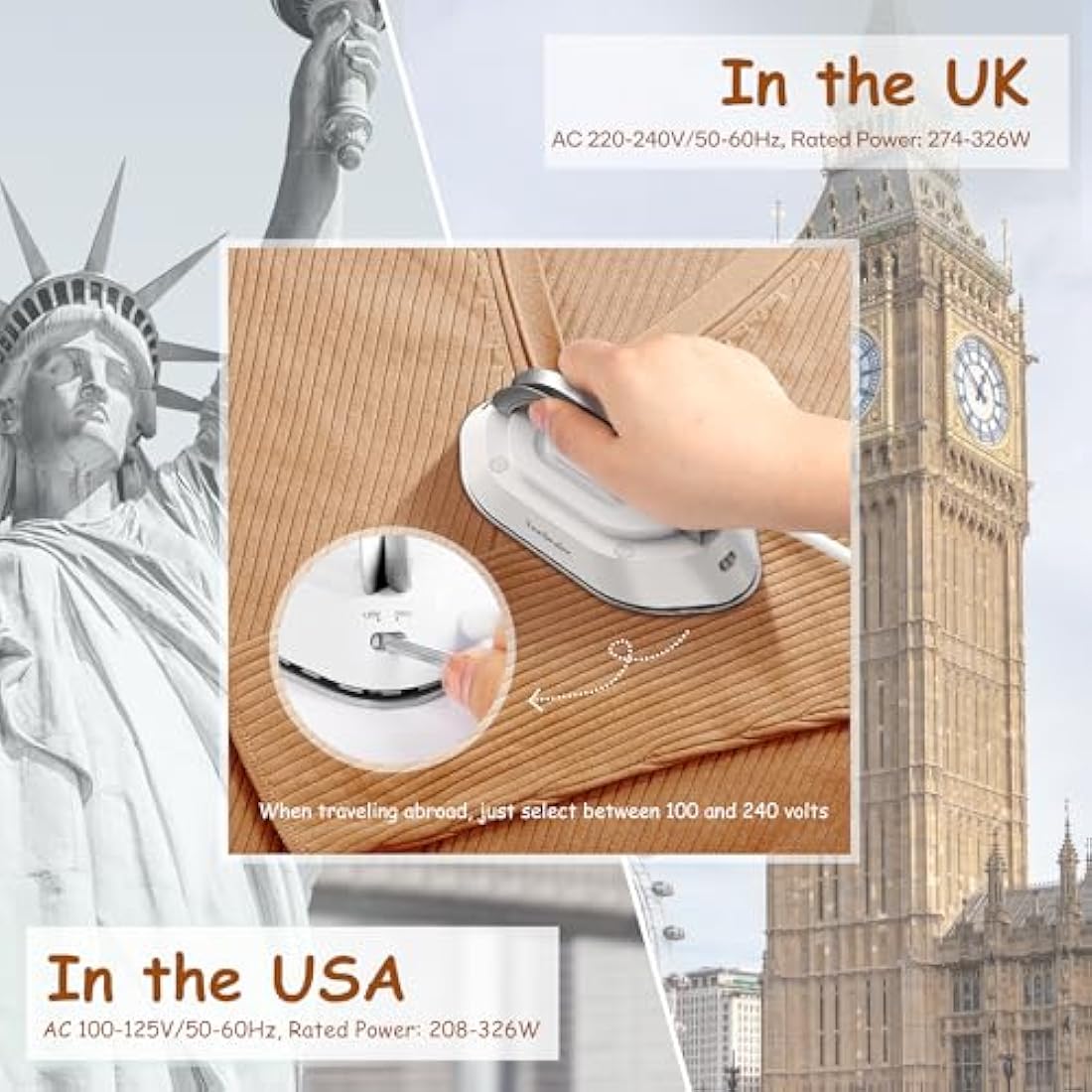 Newbealer Travel Iron - Mini Iron with Dual Voltage-220V/120V for Clothes, Compact Iron with Small Pouch for Global Travel, Quilting & Sewing, Silver