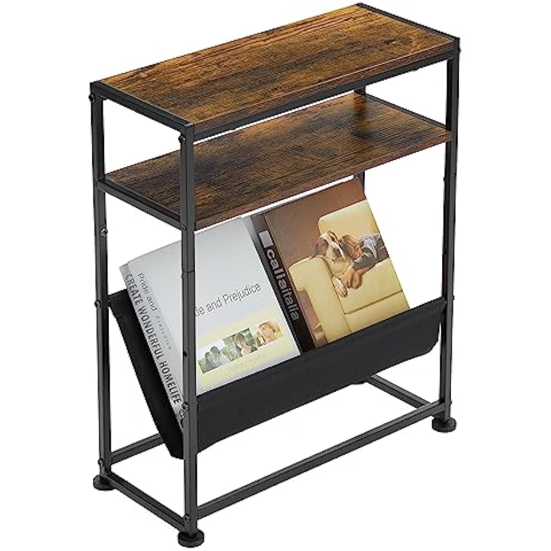 ZEXVIDA Small End Table for Small Spaces - Slim Side Table with Magazine Holder,2 in 1 Design Narrow End Table Living Room,Skinny Bedroom Nightstand Thin Side Magazine Table (Rustic Brown)