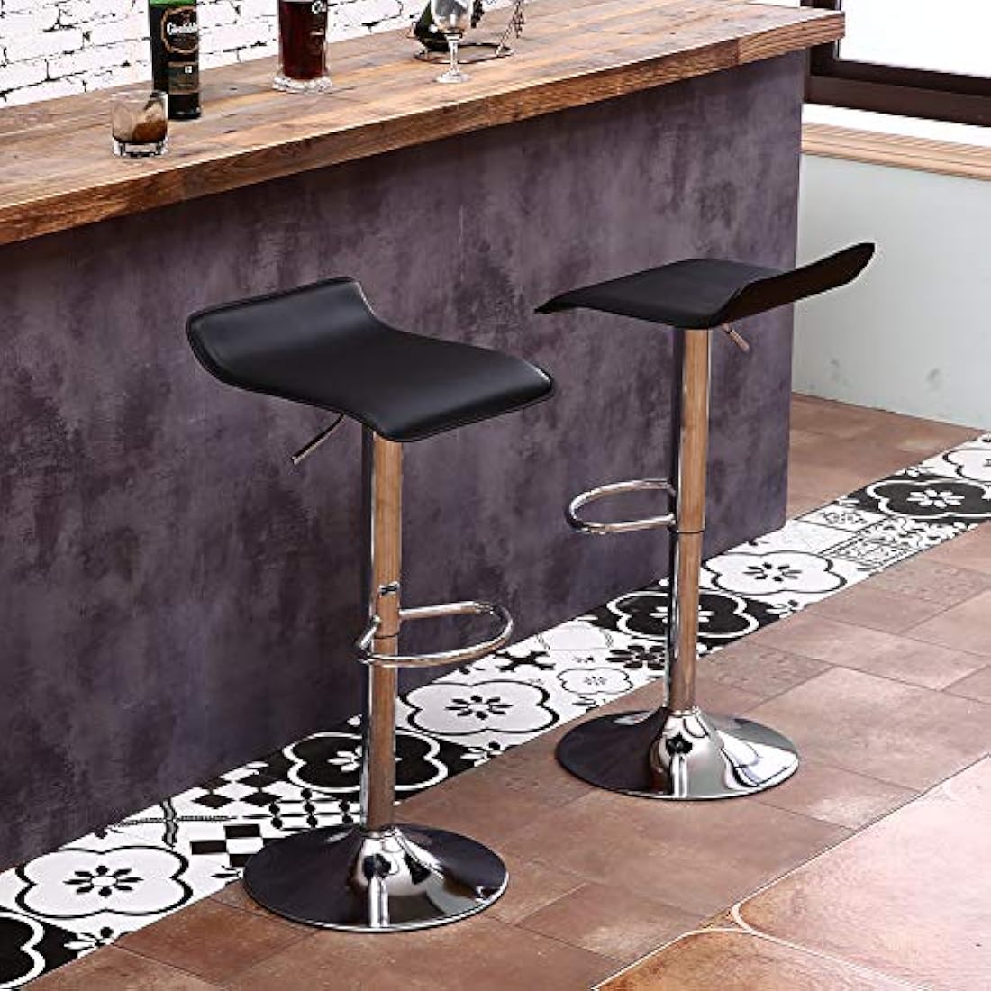 KKTONER 2 x Square Bar Stools PU Leather Swivel Adjustable Counter Stool Office Chair With Footrest (Black)