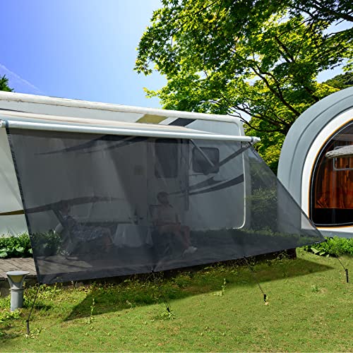 RV View Blocker Sun Shade Universal RV Awnings Privacy Screen Front Wall Screen 8ft x 12ft with Complete Kits