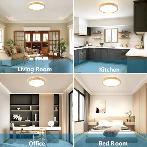 YYUTLUO LED Ceiling Light Wood, Top 360 Glow Round Natural Wooden Lamp | 3000K Warm White, 18W 1600lm | Living Room, Kitchen, Dining Room, Hallway,