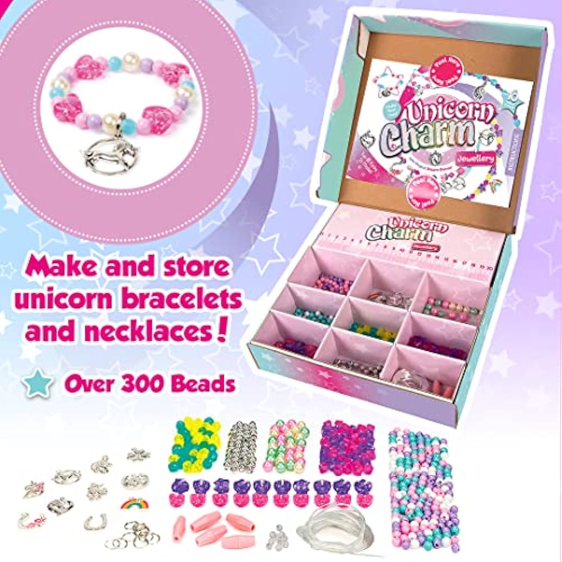 Unicorn Charm Jewellery | Create Beautiful Bracelets & Necklaces | Includes 10 Metal Charms And Over 300 Beads| Made With 100% Recycled Plastic | For Ages 4+