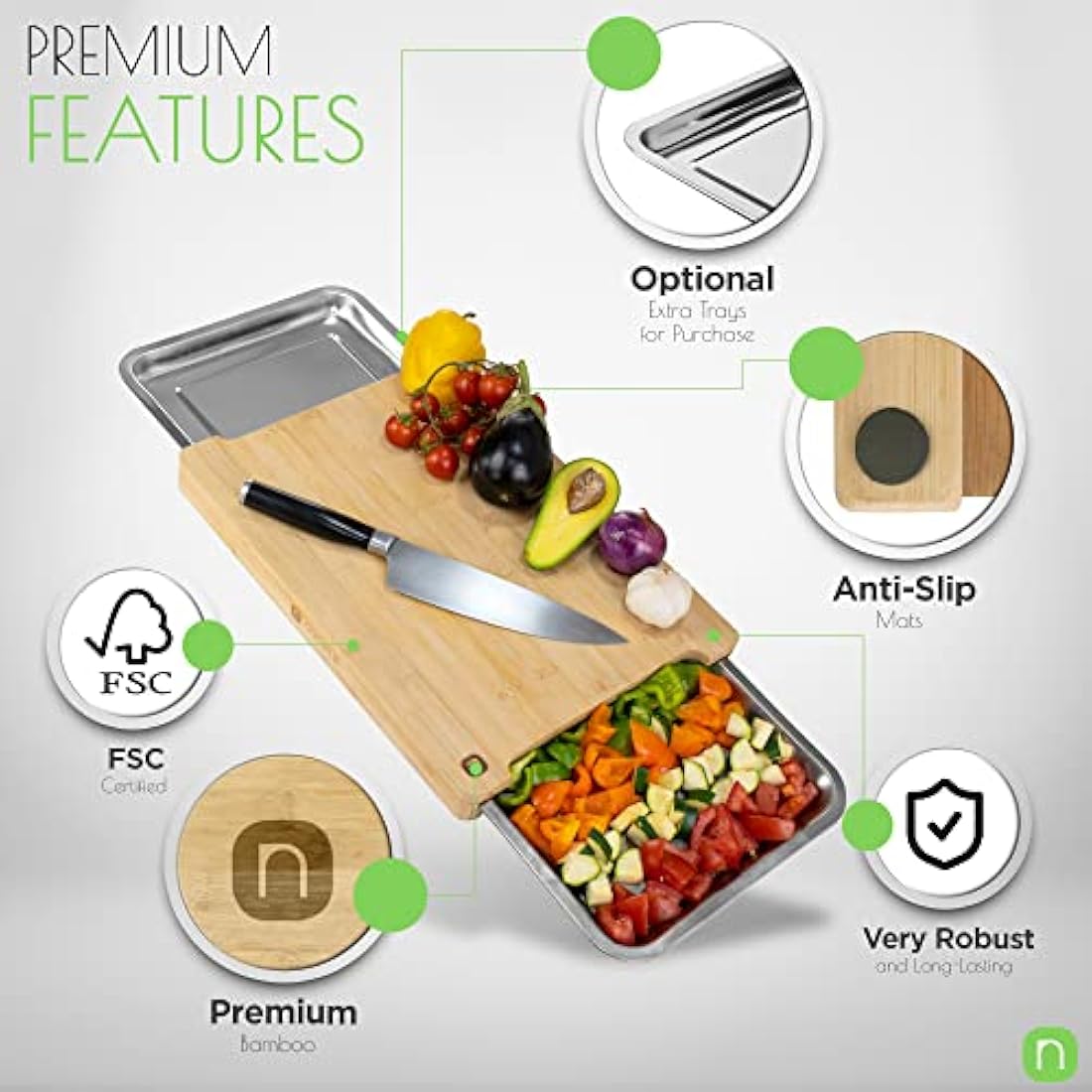 Naturlik Chopping Board Made of Bamboo Wood with 2 Magnetic Pull-Out Trays | Practical Kitchen aid: Waste to Left – Food to The Right