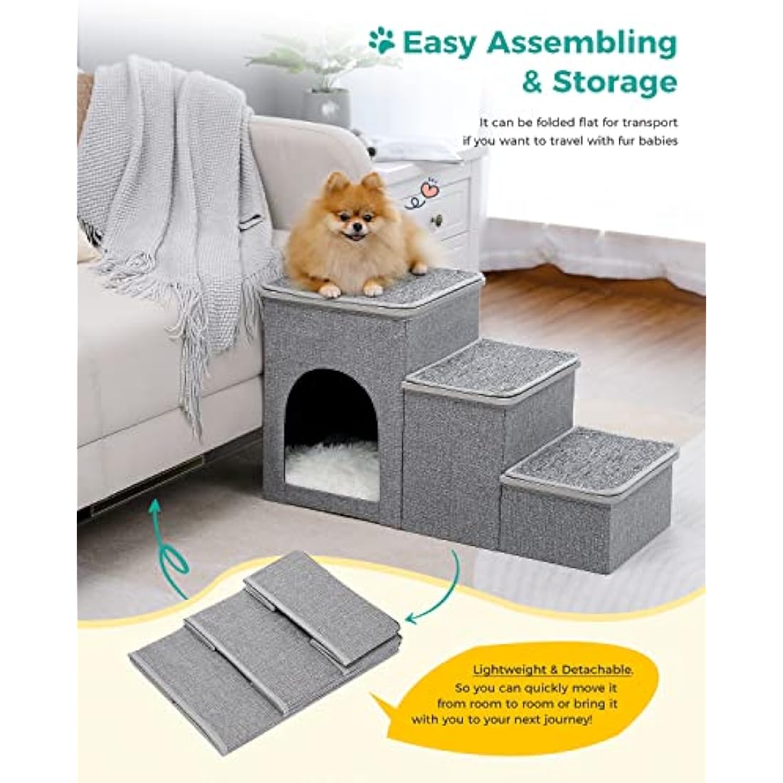 PETEPELA Dog Steps for Bed, 3 Steps for Dog Step for Sofa with Storage for Small Dogs for Bed, Foldable Pet Stairs for Couch and High Bed Hold up to 30KG, Wood Grey