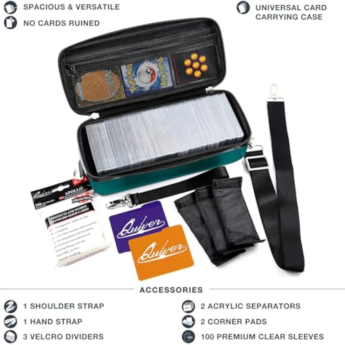 Quiver Time Teal Bolt Card Carrying Case fits PM Cards and other TCG Games - Storage Bag for Playing/Trading Cards and Deck Box (Straps, Dividers & 100 Apollo Card Sleeves)