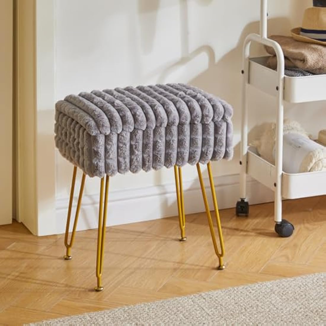 IBUYKE Rectangle Vanity Chair with Storage Space, Footrest Footstool Ottoman, Vanity Stool, Dressing Table Chair, with Anti-Slip Feet, for Makeup Room, Bedroom, Square grid pattern, Grey WBD004G