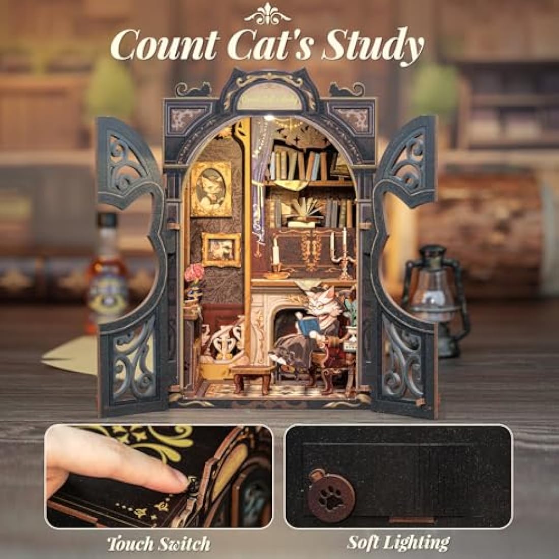 CUTEBEE Book Nook Kit-DIY Miniature House Kit for Adults,Dollhouse Bookshelf Decor 3D Wooden Puzzle Bookend Craft Model Kits for Adults to Build Gift(Count Cat's Study)