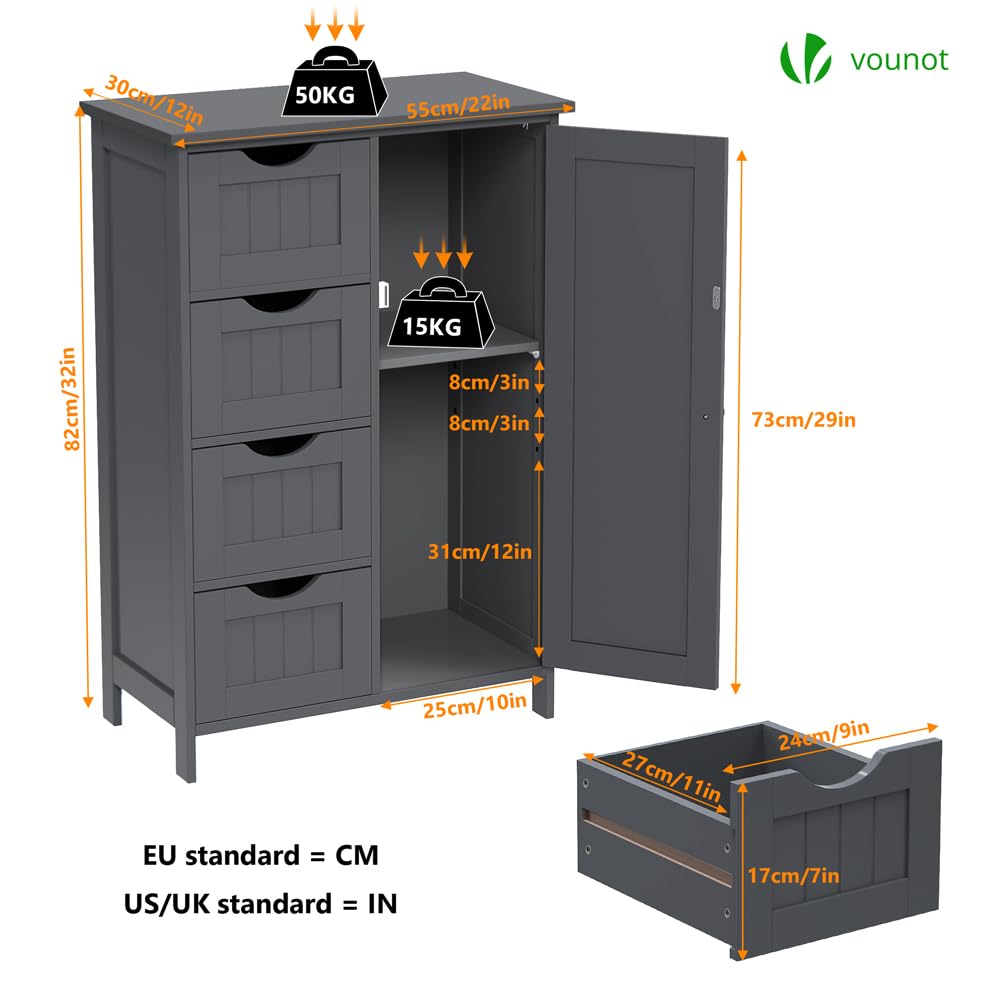 VOUNOT® Bathroom Floor Storage Cabinet, Freestanding Storage Unit with Adjustable Shelf, 4 Drawers & Door, for Bedroom, Kitchen, Living Room