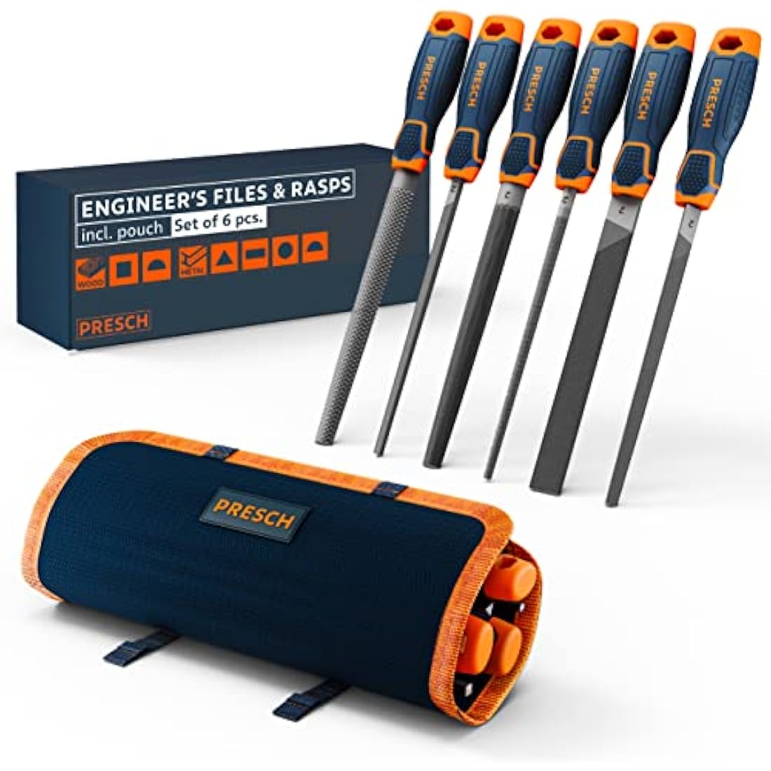 Presch File Set Metal and Wood 6 pcs. with Bag - Professional File Set incl. Half-Round rasp, Flat Stump File, Half-Round File, Round File, Triangular File and Square File