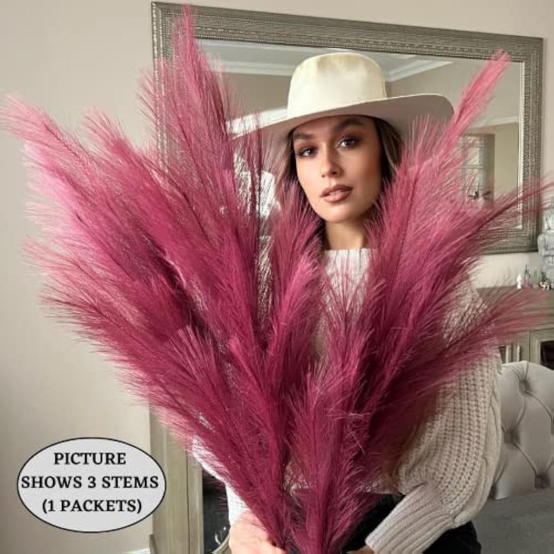 VOULUX Extra Large Tall Fuchsia Pink Fake Faux Artificial Pampas Grass Large Fluffy x3 115cm Stems x18 Decorative Artificial Flora Feathers For Floor Vases Tall Plant Flowers Long Pampas Grass