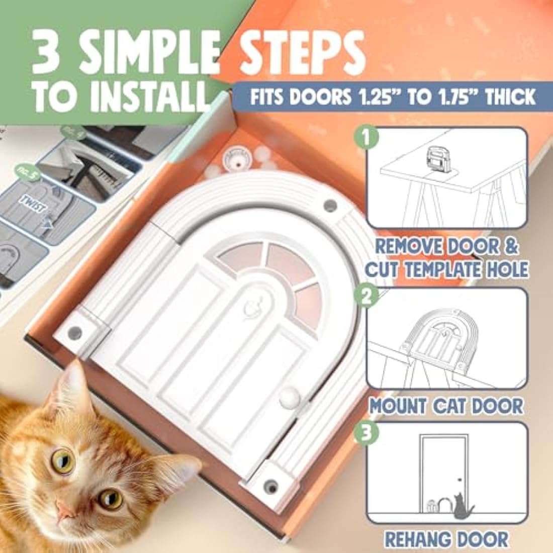 Purrfect Cat Door - No-Flap Interior Door for Cats Up to 20 lbs, Easy DIY Setup, Secured Installation in Minutes, No Training Needed
