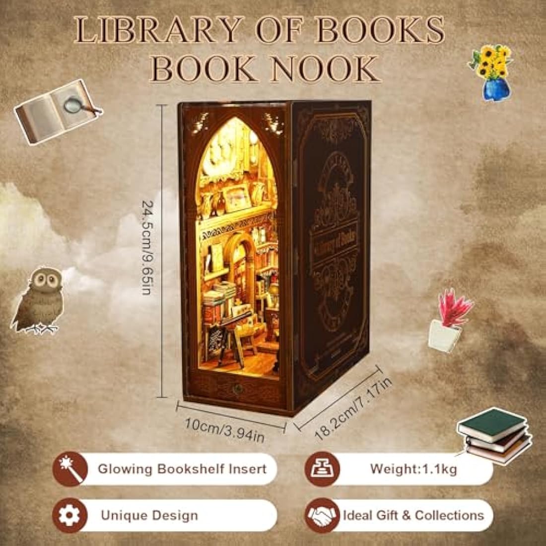 CRIOLPO Book Nook Kit - DIY Dollhouse Booknook, Book Nook Miniature Kit for Bookshelf Insert Decor Crafts for Adults Teens, 3D Wooden Puzzle Bookends with Sensor Led Light (Library of Books)