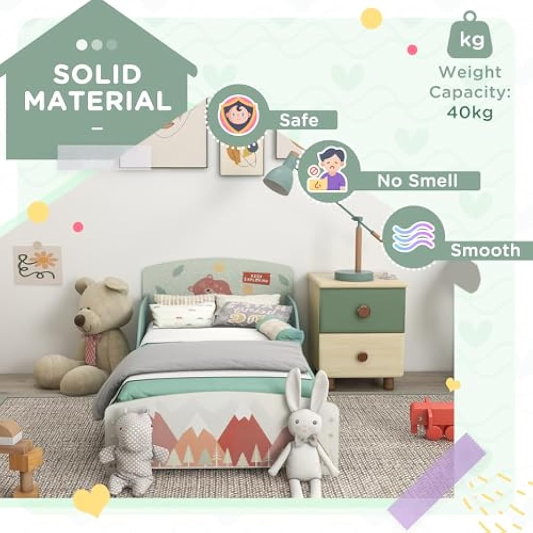 ZONEKIZ Toddler Bed Frame, Kids Bedroom Furniture for Ages 3-6 Years, 77 x 143 x 60cm - Green