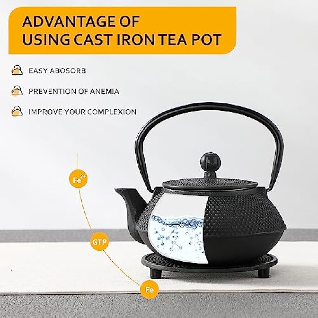 Velaze Iron Teapot set, Traditional Japanese Tetsubin Tea Kettle Cast Iron Teapot with Stainless Steel Infuser, Antique Small Dot Design, 2 Iron Cups and Trivet Stand Tray, 700ML/ 24OZ