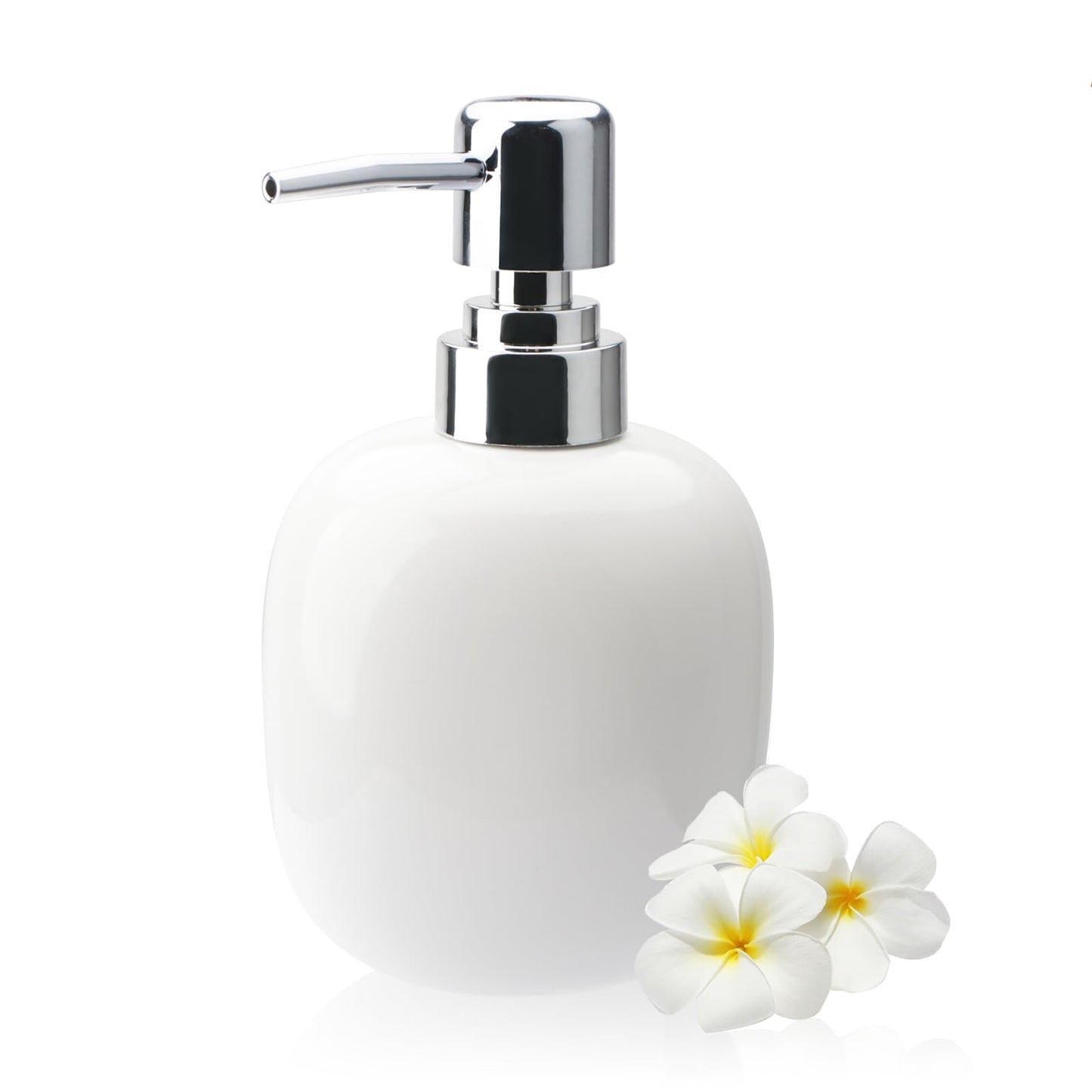 450ml White Oval Ceramic Soap Dispenser, Rustproof Silver Pump Refillable Lotion Bottle, Wide‑Mouth for Liquid Soap Shampoo Dish Soap