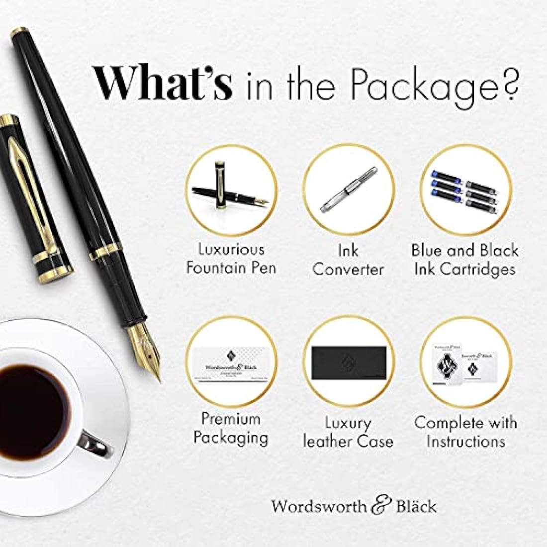 Wordsworth & Black Fountain Pen Set, 18K Gilded Medium and Extra Fine Nibs, 6 Ink Cartridges and Refill Converter, Gift Case, Smooth Writing Pens [Black Gold], Perfect for Men and Women
